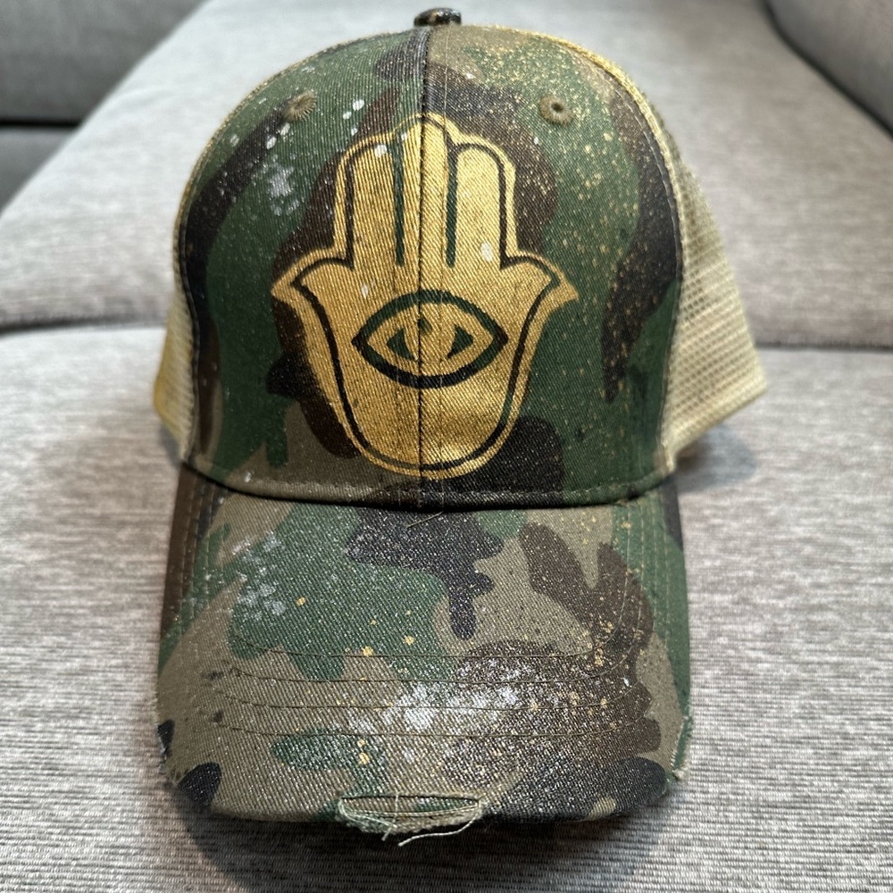 Heart & Sole New York custom hand painted hamsa camo hat